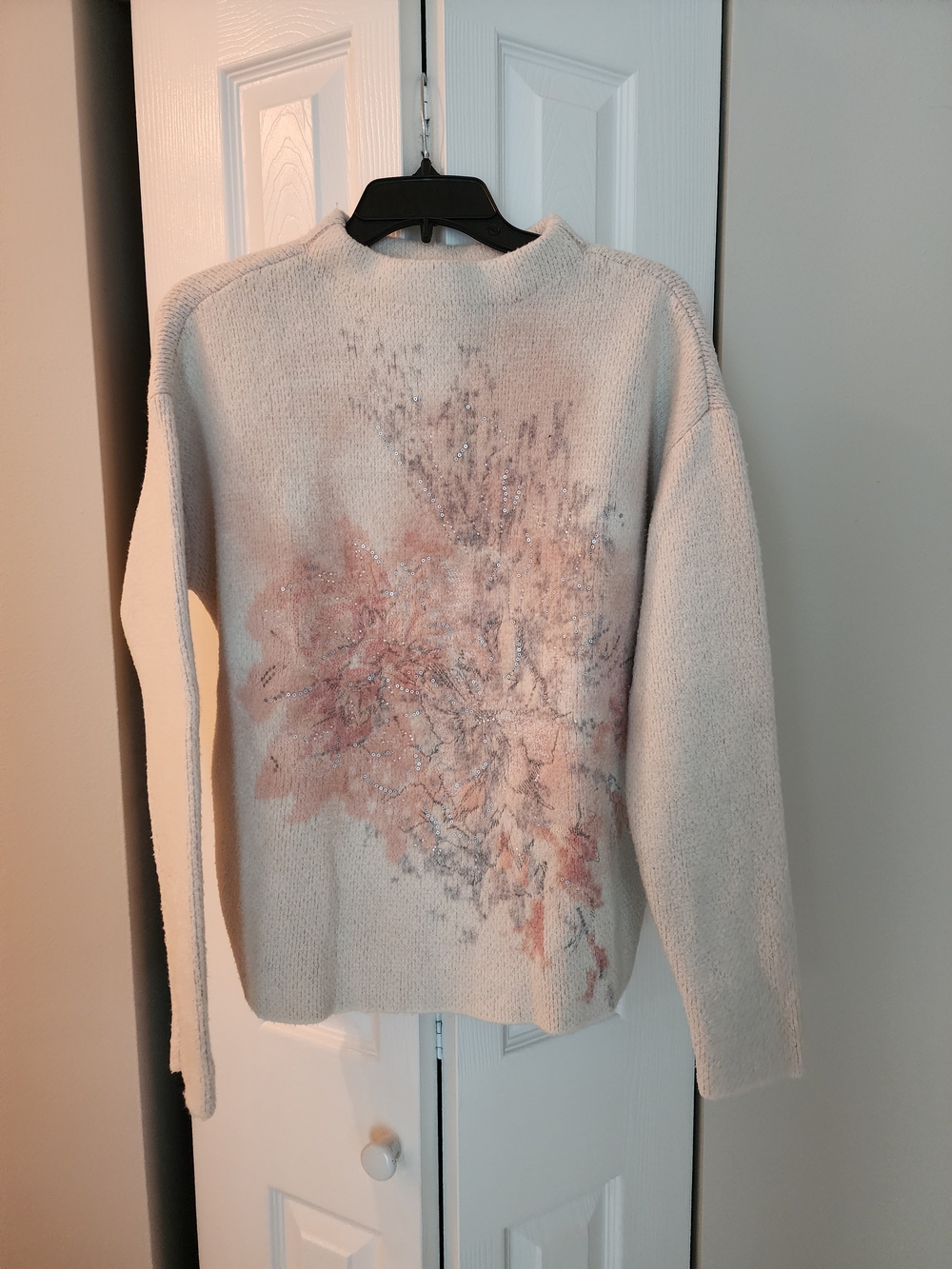 White House Black Market Ivory Crewneck Sweater with Pink Floral Embellishment